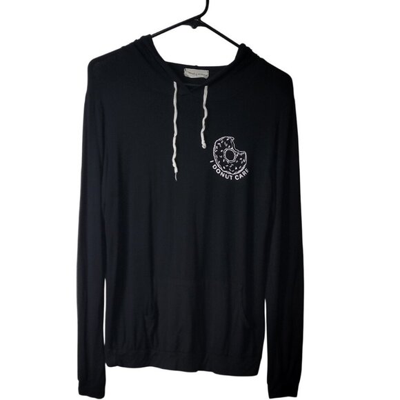 French Pastry Black Hoodie "I Donut Care" Lightweight Pullover With Drawstrings - Picture 3 of 9